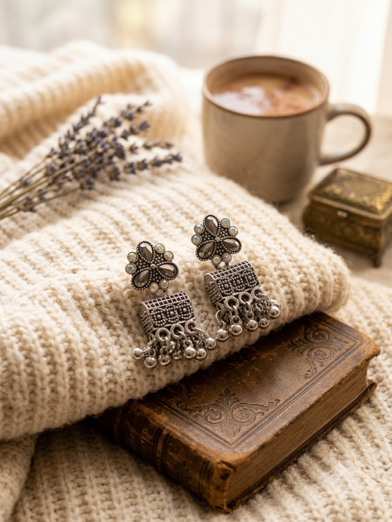 Oxidized Silver Flower Jhumka Earrings