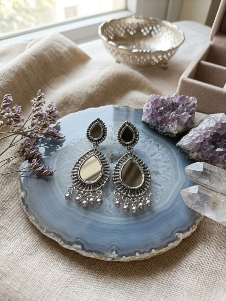 Mirror Work Silver Drop Earrings