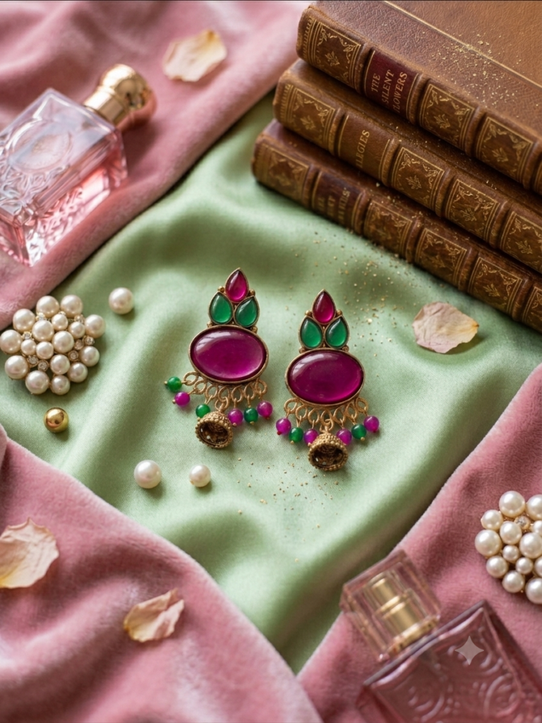 Vibrant Magenta and Green Ethnic Earrings