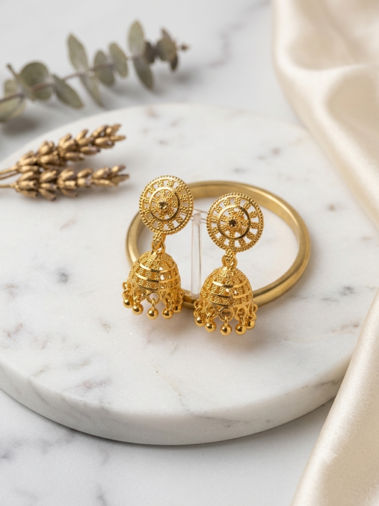 Classic Gold Filigree Jhumka Earrings