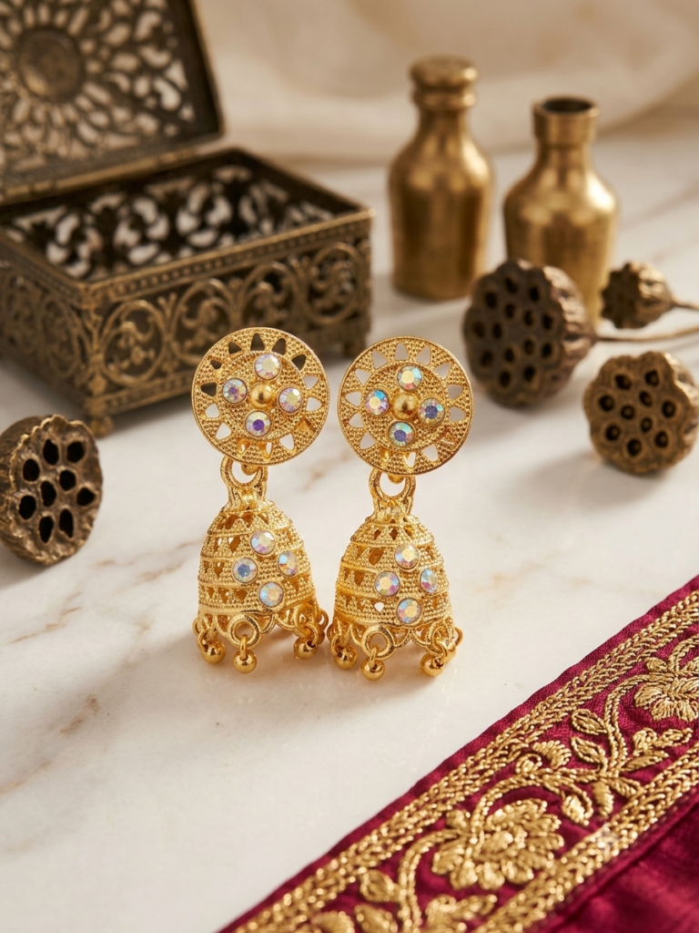 Shimmering Stone-Encrusted Gold Jhumka Earrings