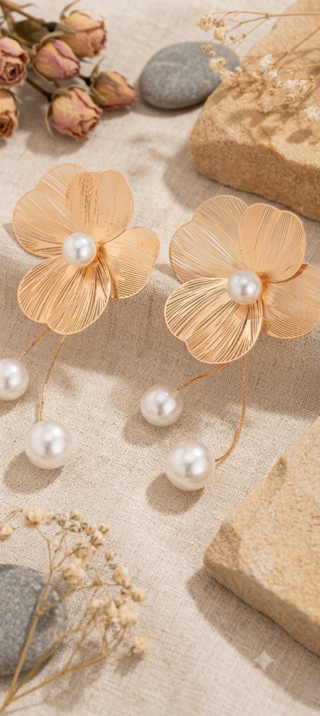 Ethereal Golden Petal and Pearl Drop Earrings