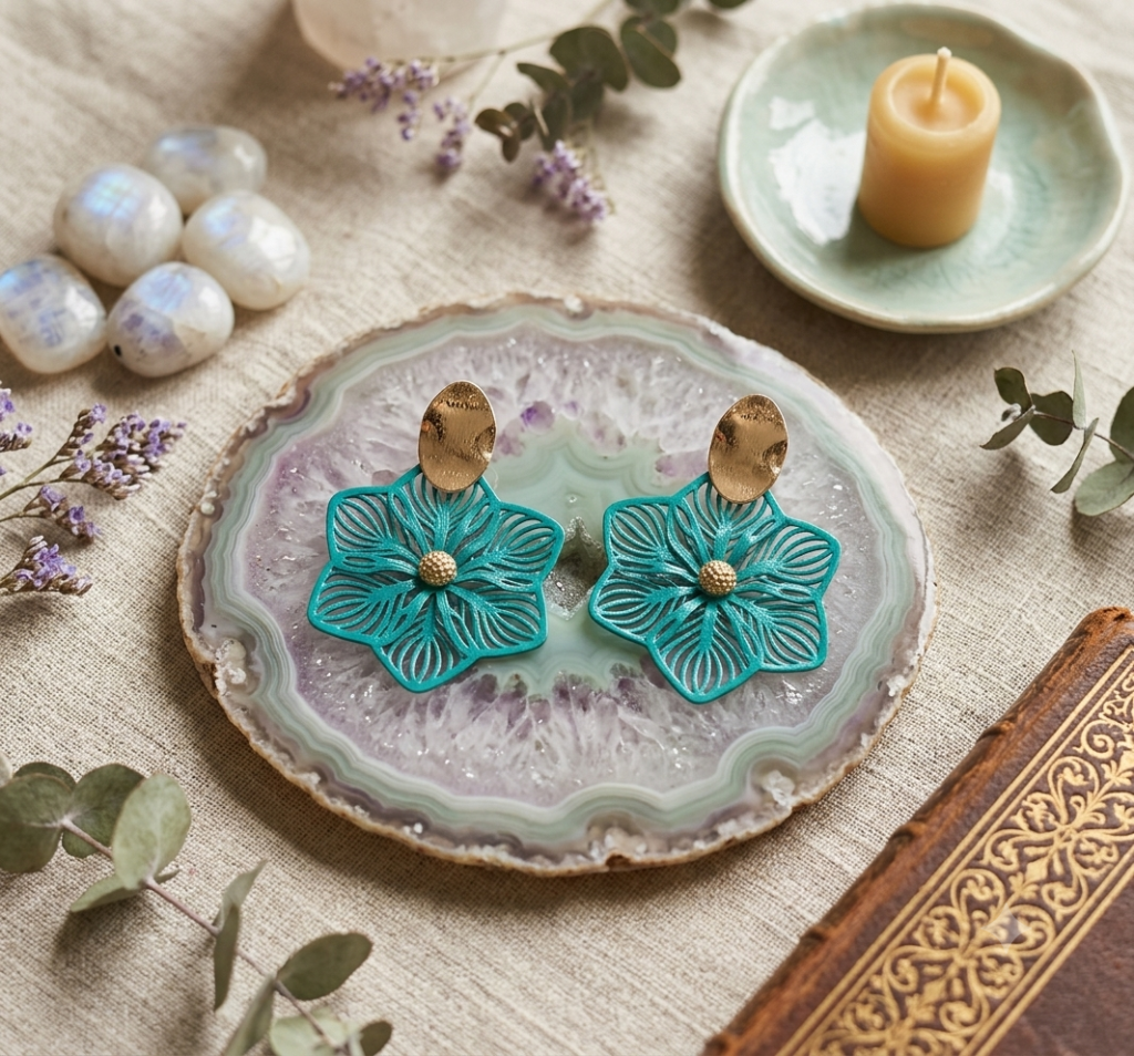 Teal Filigree Floral Earrings