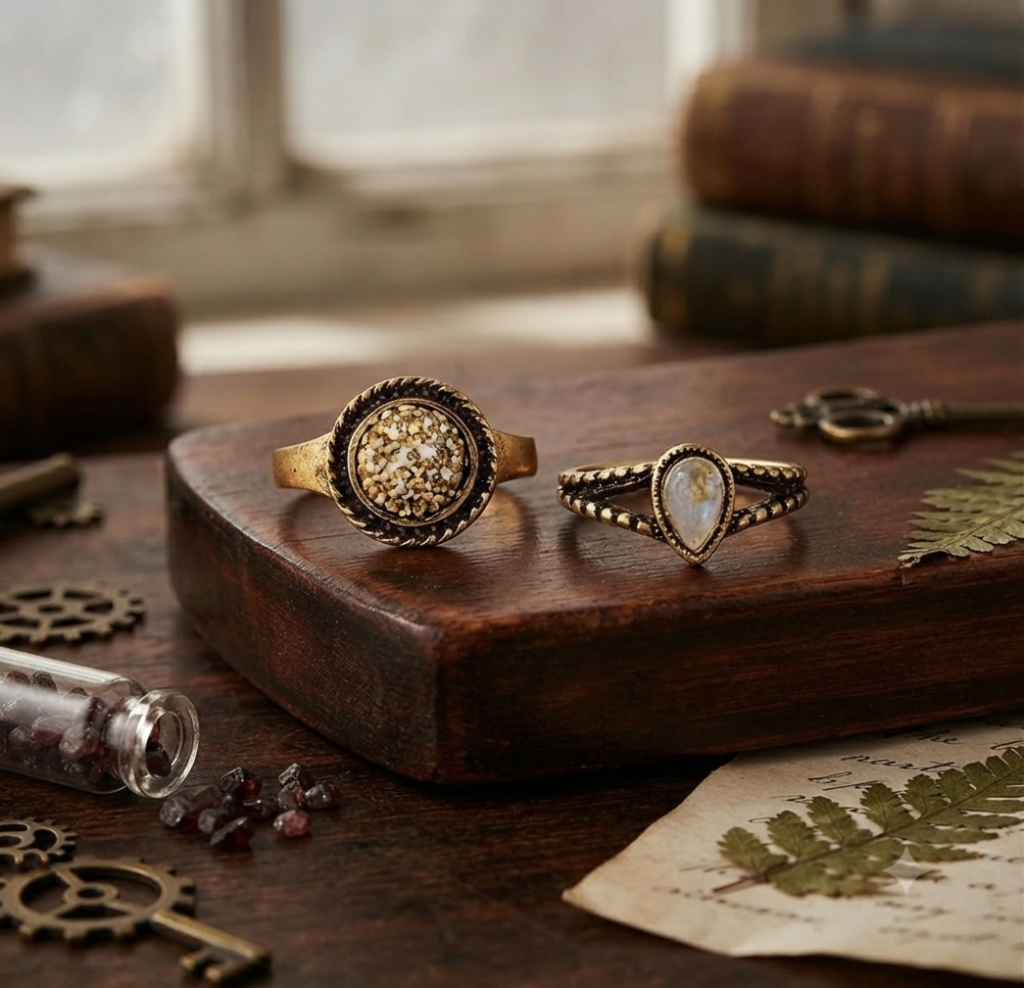 Pear Moonstone Ring & Textured Gold Ring