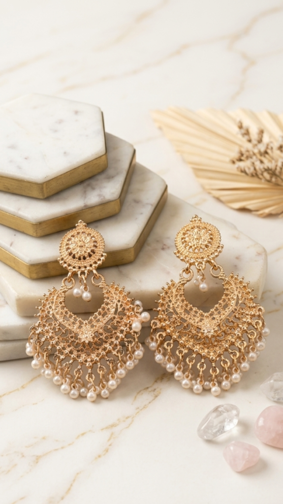 Ornate Filigree Pearl Chandbali Earrings