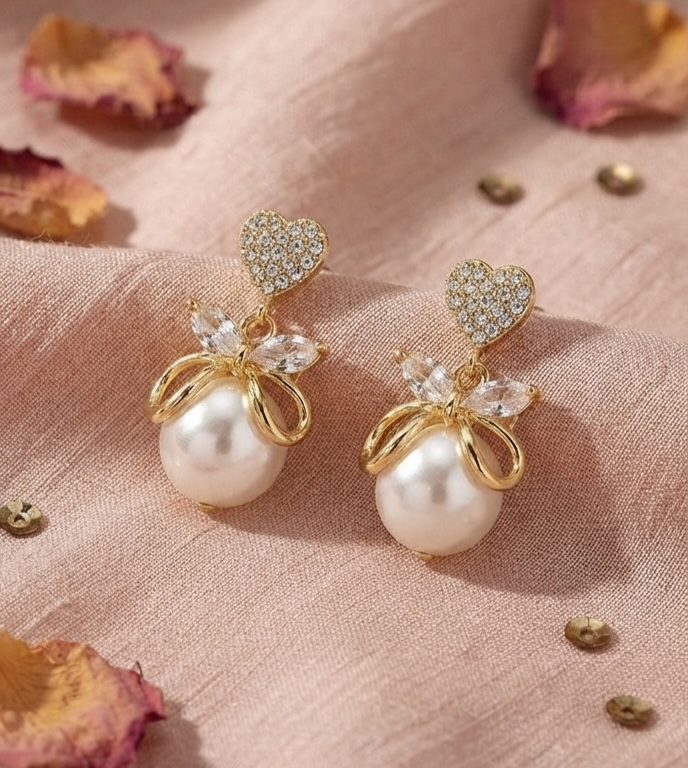 Romantic Heart and Pearl Ribbon Earrings