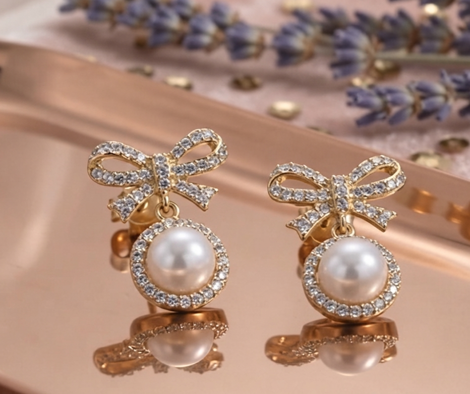 Dainty Bow and Pearl Drop Earrings
