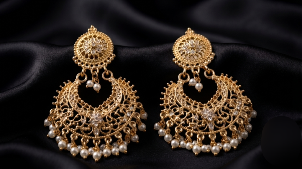 Ornate Filigree Pearl Chandbali Earrings