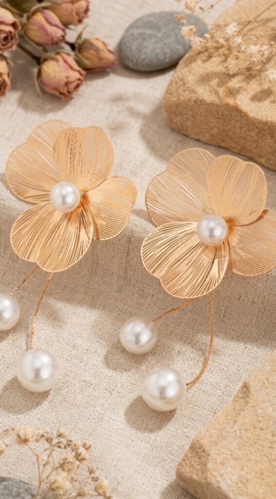 Ethereal Golden Petal and Pearl Drop Earrings